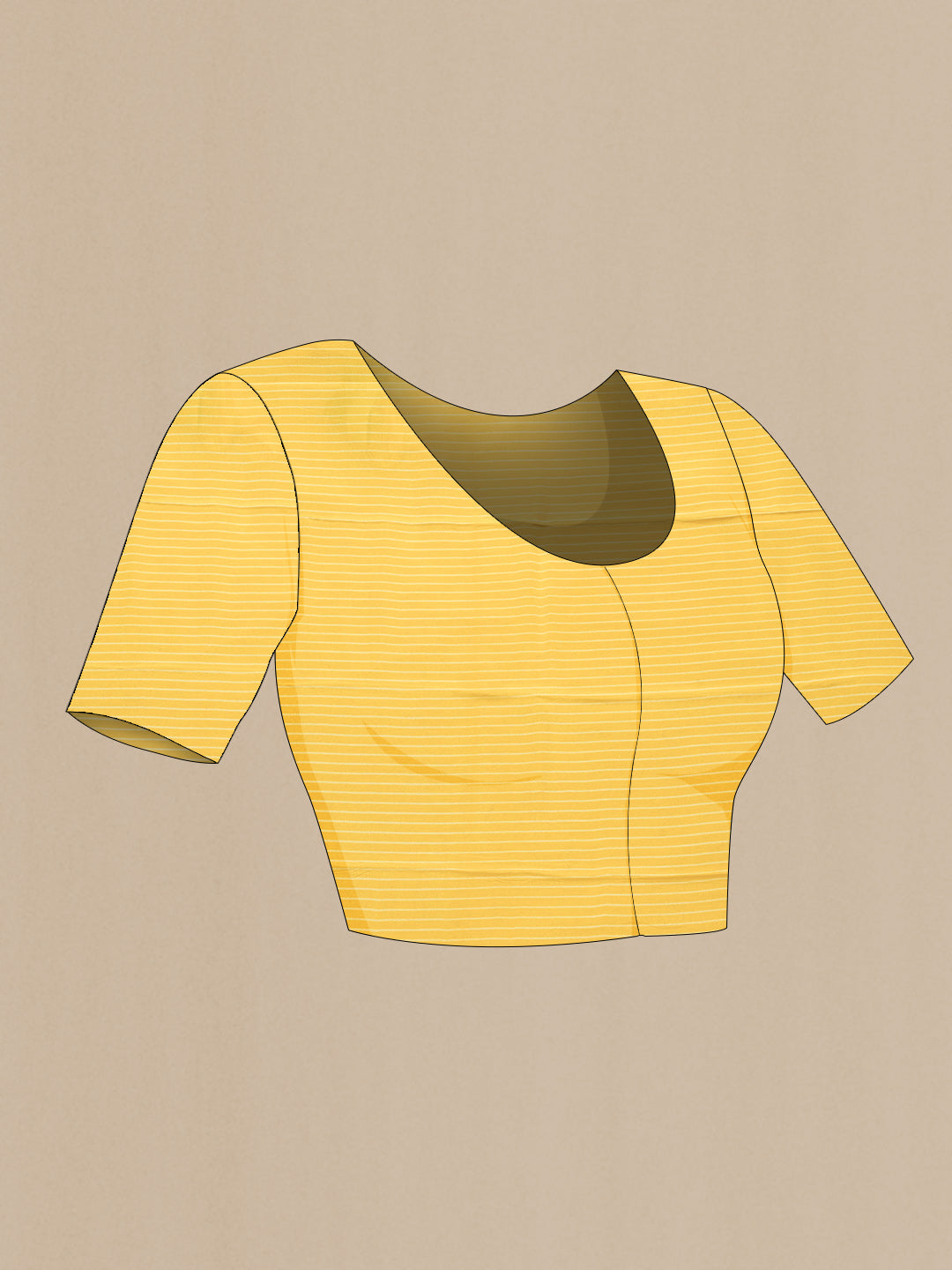 Close up image of the blouse of Yellow Dual Tone Chiffon Saree with Stripes on the body and Zari Border. 