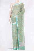 Pista Green Dual Tone Chiffon Nine Yards Saree with Printed design on the body and Zari Border.  displayed on a mannequin