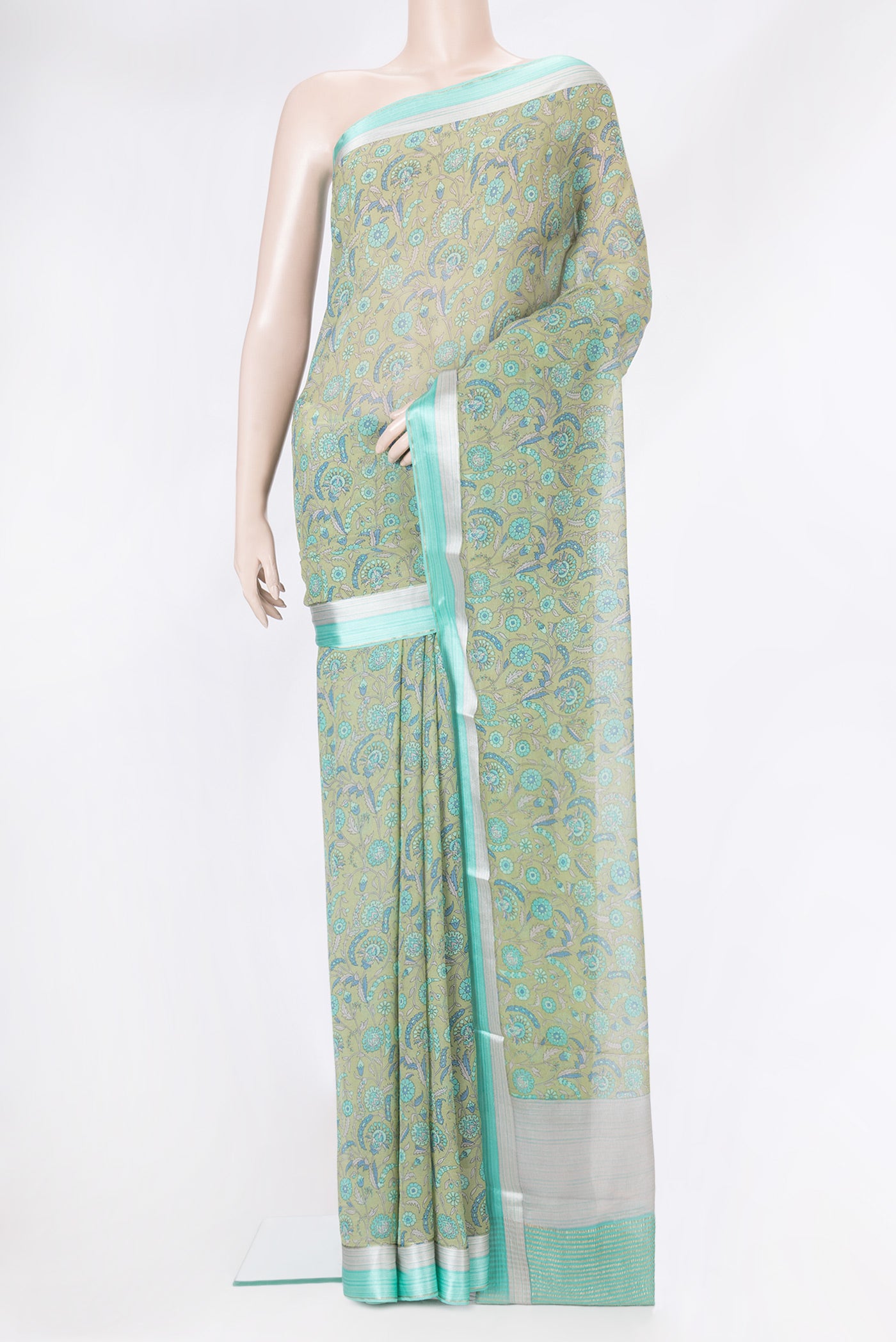 Pista Green Dual Tone Chiffon Nine Yards Saree with Printed design on the body and Zari Border.  displayed on a mannequin