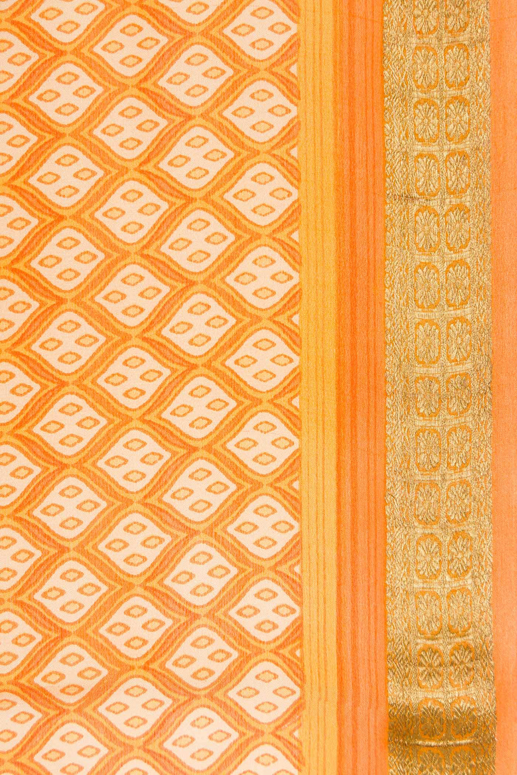 Border image of Orange Dual Tone Mysore Crepe Saree with Printed design on the body and Zari Border. 