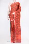 Mehandi Green Dual Tone Chiffon Saree with Printed design on the body and Zari Border.  displayed on a mannequin