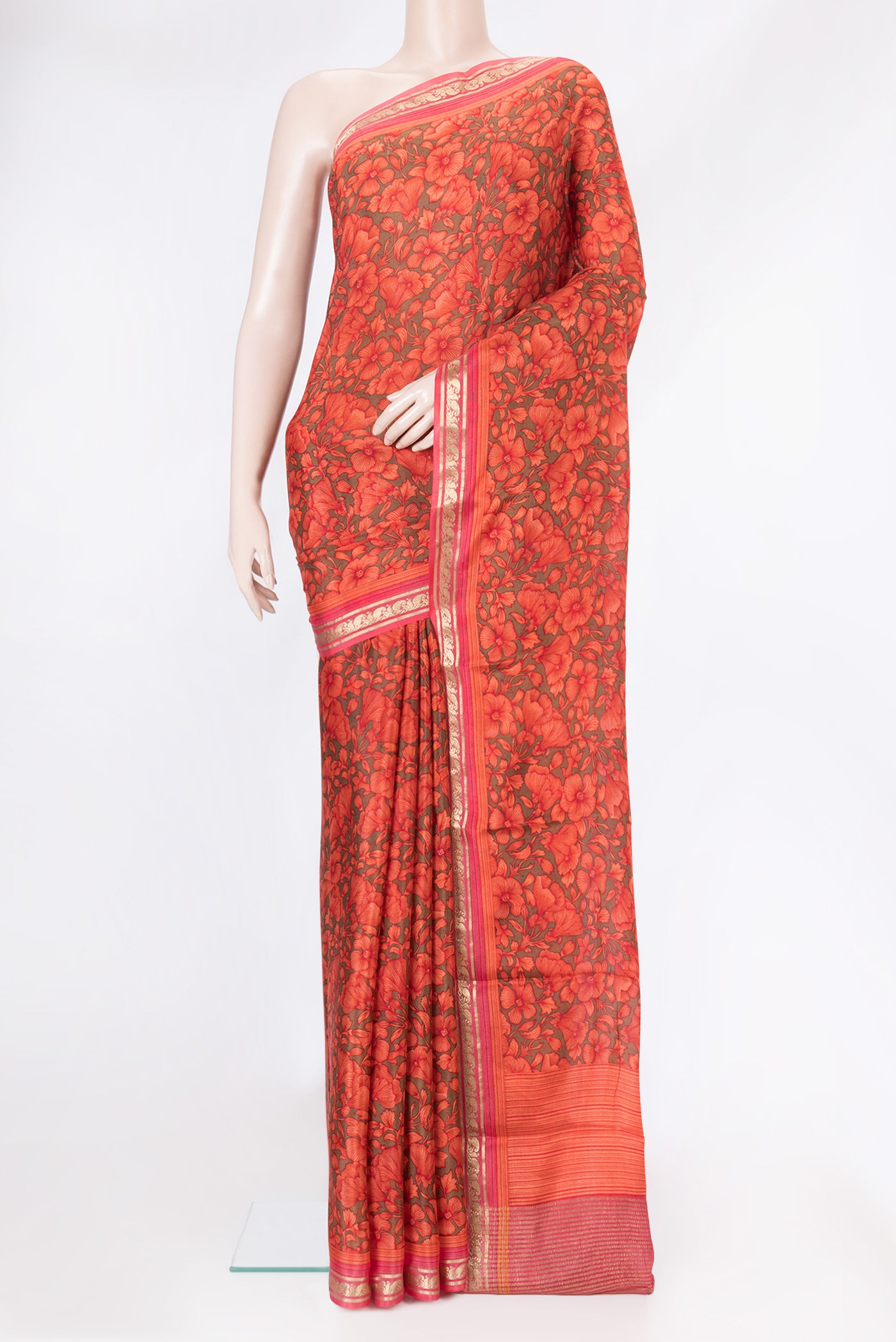 Mehandi Green Dual Tone Chiffon Saree with Printed design on the body and Zari Border.  displayed on a mannequin