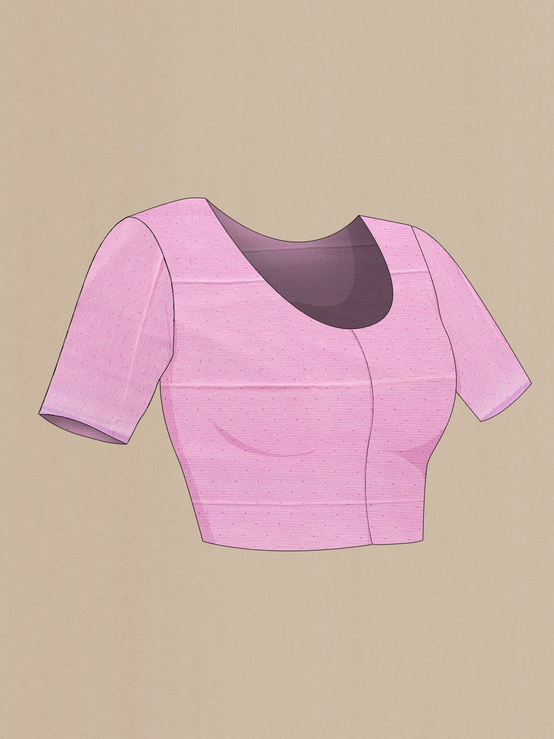 Close up image of the blouse of Pink Dual Tone Mysore Chiffon Saree with Printed design on the body and Zari Border. 