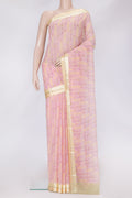 Pink Dual Tone Mysore Chiffon Saree with Printed design on the body and Zari Border.  displayed on a mannequin