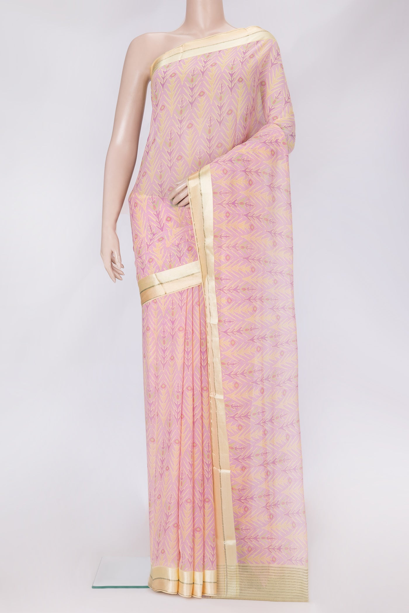 Pink Dual Tone Mysore Chiffon Saree with Printed design on the body and Zari Border.  displayed on a mannequin
