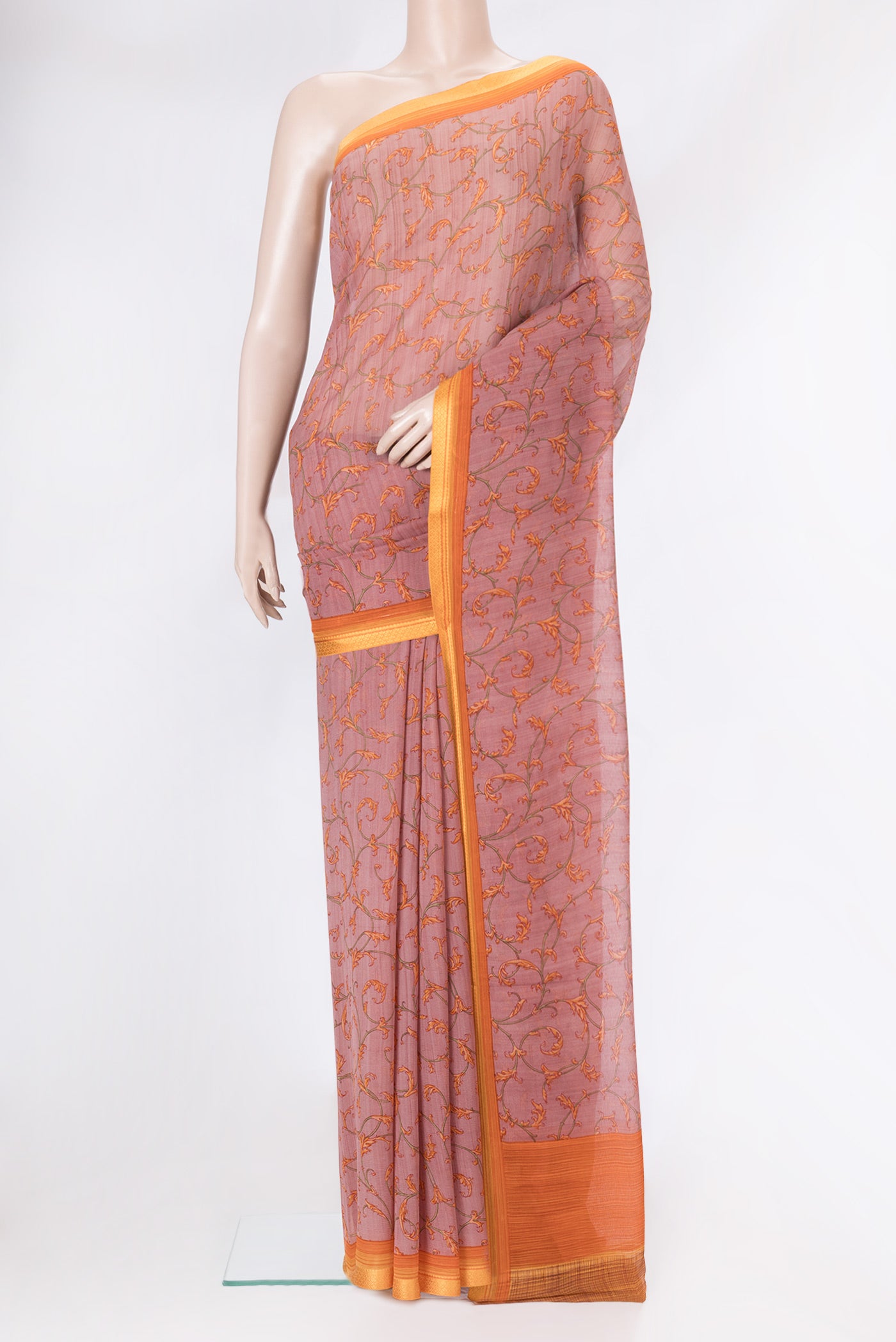 Mauve Dual Tone Mysore Chiffon Saree with Printed design on the body and Thread Border.  displayed on a mannequin
