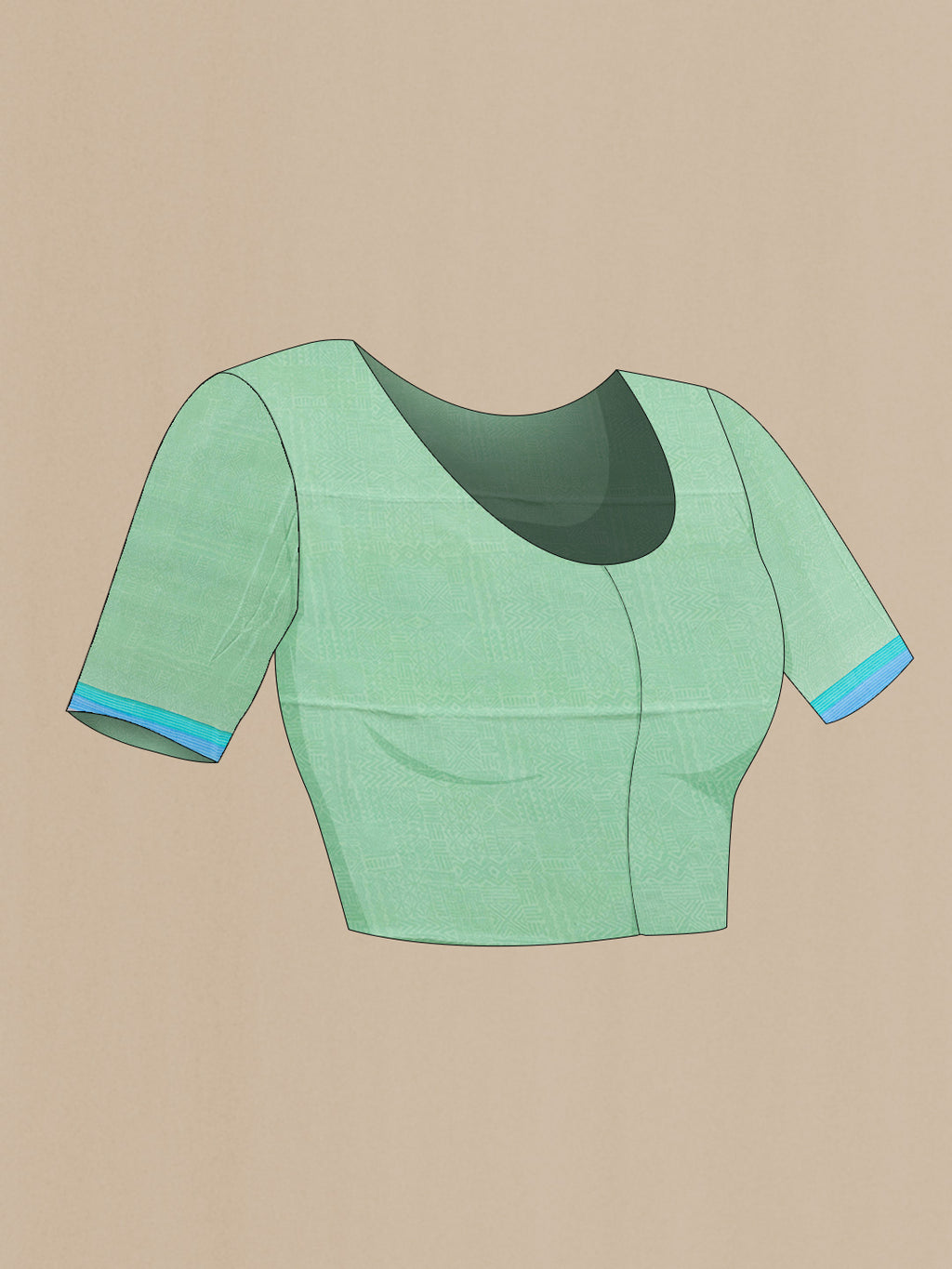 Close up image of the blouse of Sea Green Dual Tone Mysore Chiffon Saree with Printed design on the body and Plain Border. 