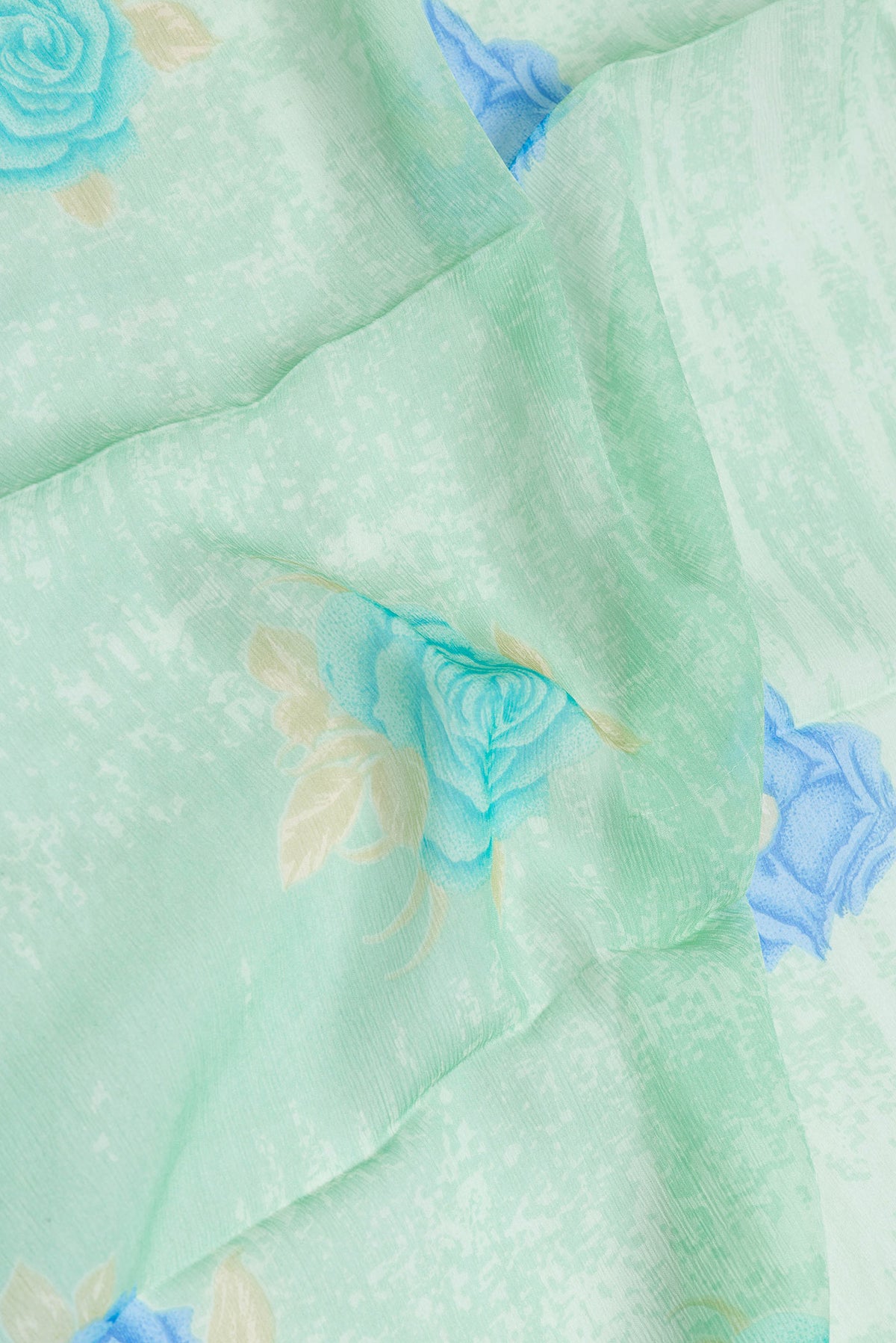Close up of Sea Green Dual Tone Mysore Chiffon Saree with Printed design on the body and Plain Border.  displaying folds