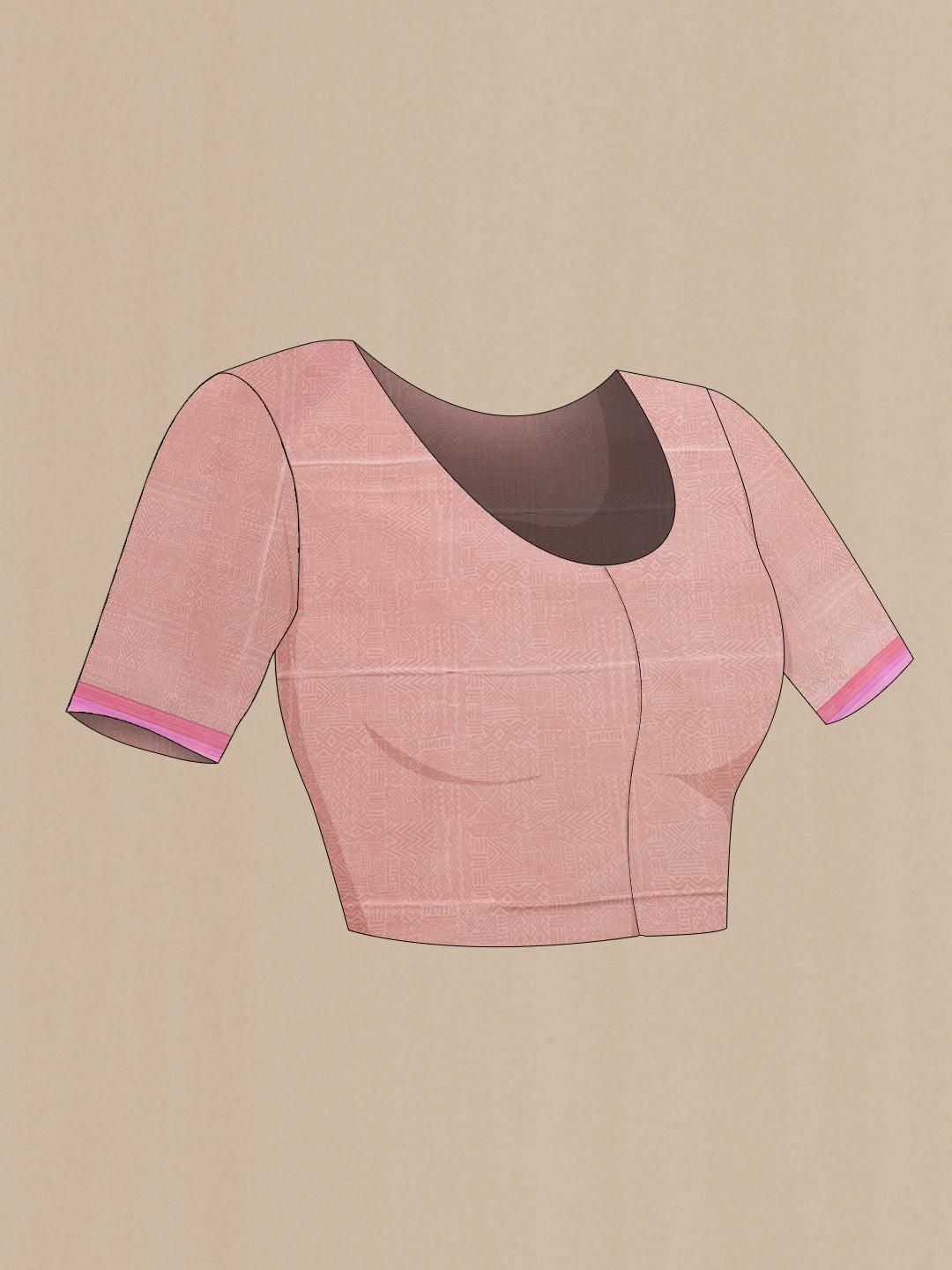 Close up image of the blouse of Peach Dual Tone Mysore Chiffon Saree with Printed design on the body and Plain Border. 