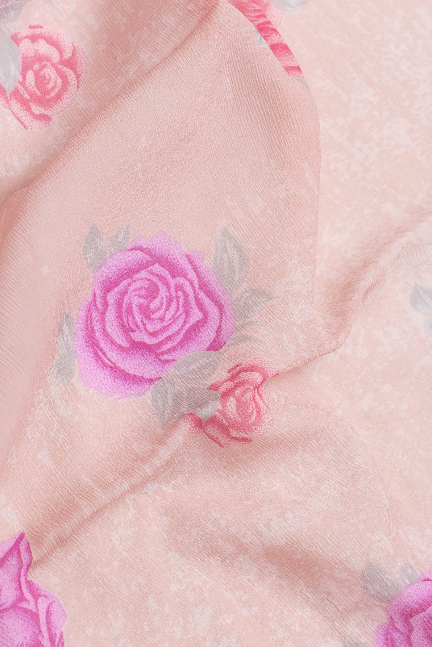 Close up of Peach Dual Tone Mysore Chiffon Saree with Printed design on the body and Plain Border.  displaying folds