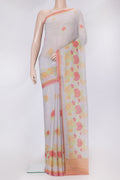Grey Dual Tone Mysore Chiffon Saree with Printed design on the body and Printed Border.  displayed on a mannequin