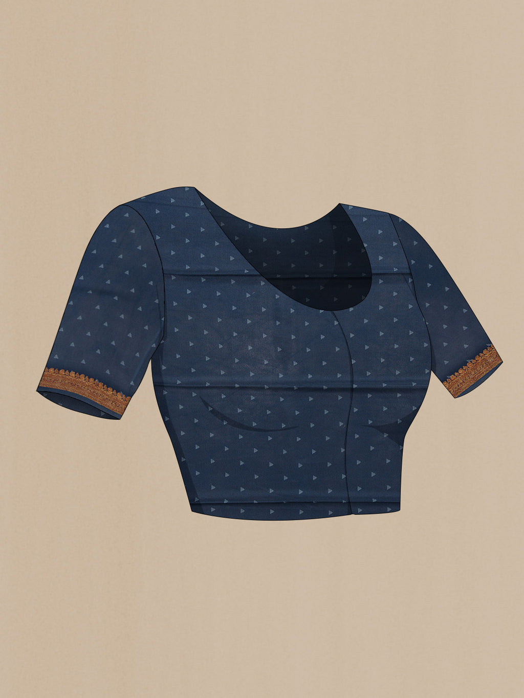 Close up image of the blouse of Navy Blue Dual Tone Mysore Crepe Saree with Printed design on the body and Zari Border. 