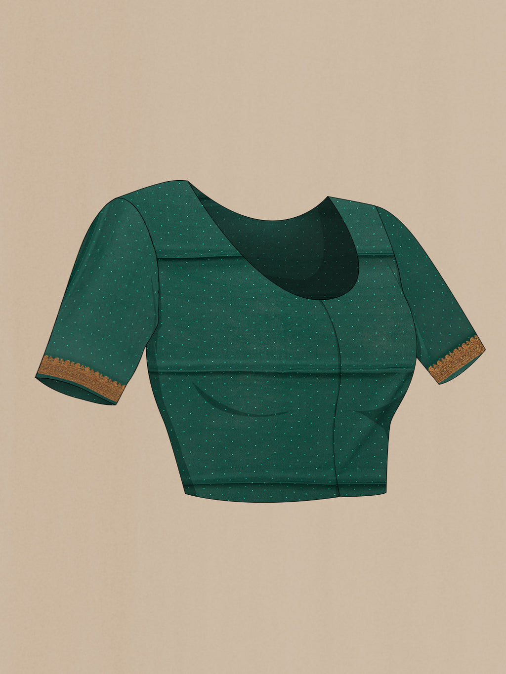 Close up image of the blouse of Bottle Green Dual Tone Mysore Crepe Saree with Printed design on the body and Thread Border. 