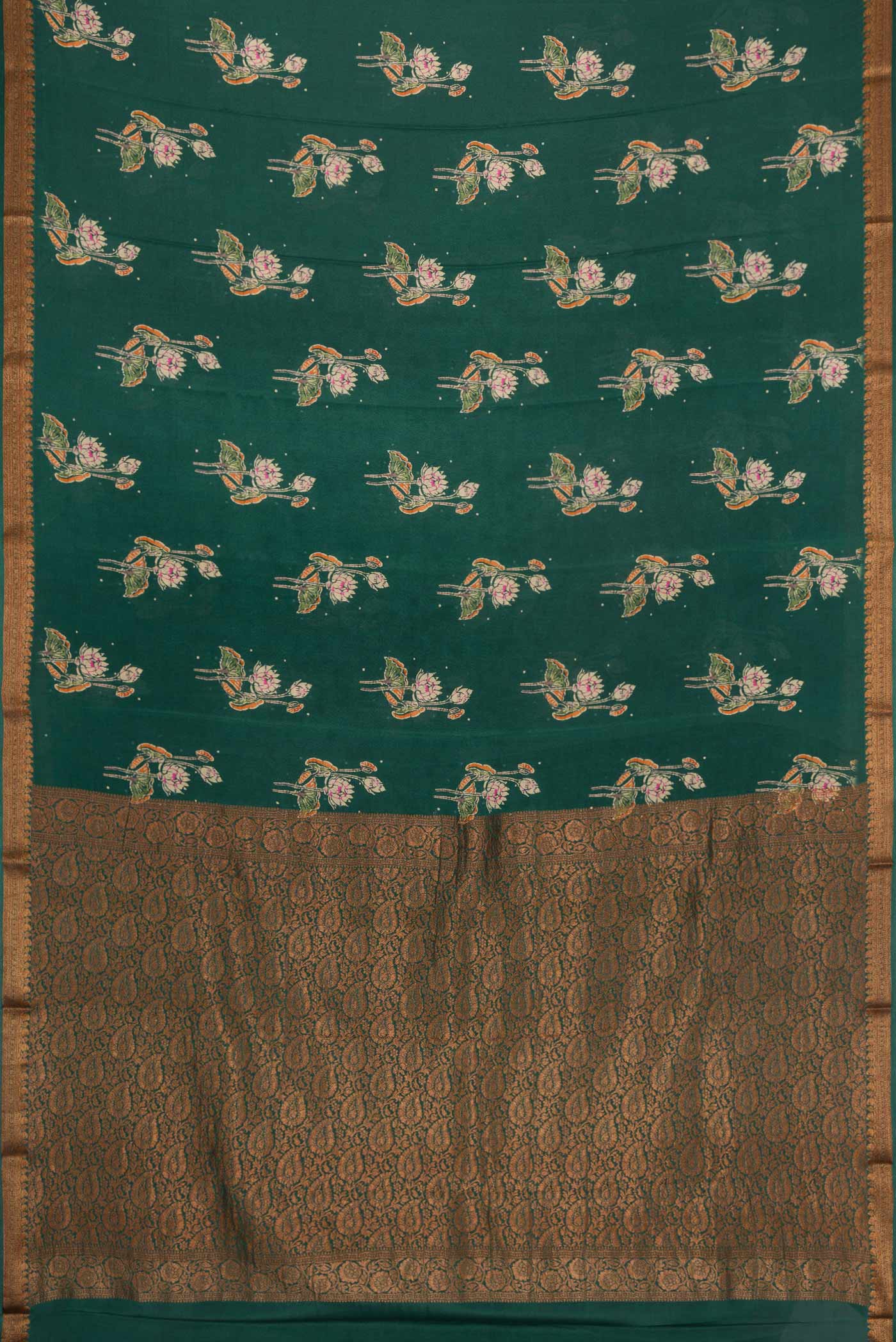 Flat view of Bottle Green Dual Tone Mysore Crepe Saree with Printed design on the body and Thread Border. 