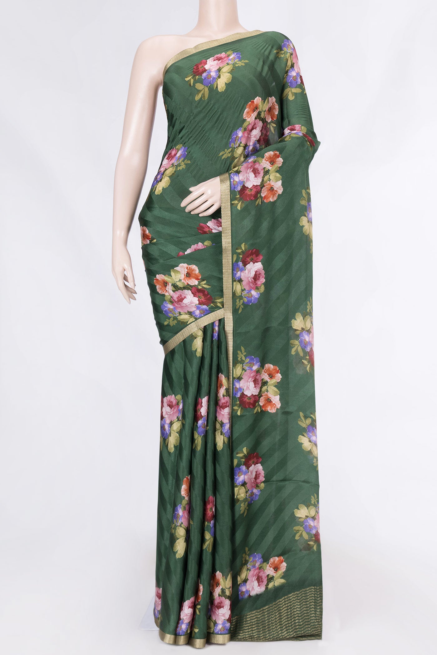 Green Dual Tone Mysore Crepe Saree with Printed design on the body and Zari Border displayed on a mannequin