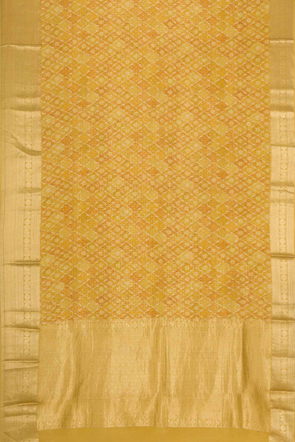 Flat view of Mehandi Green Dual Tone Mysore Crepe Saree with Printed design on the body and Zari Border. 