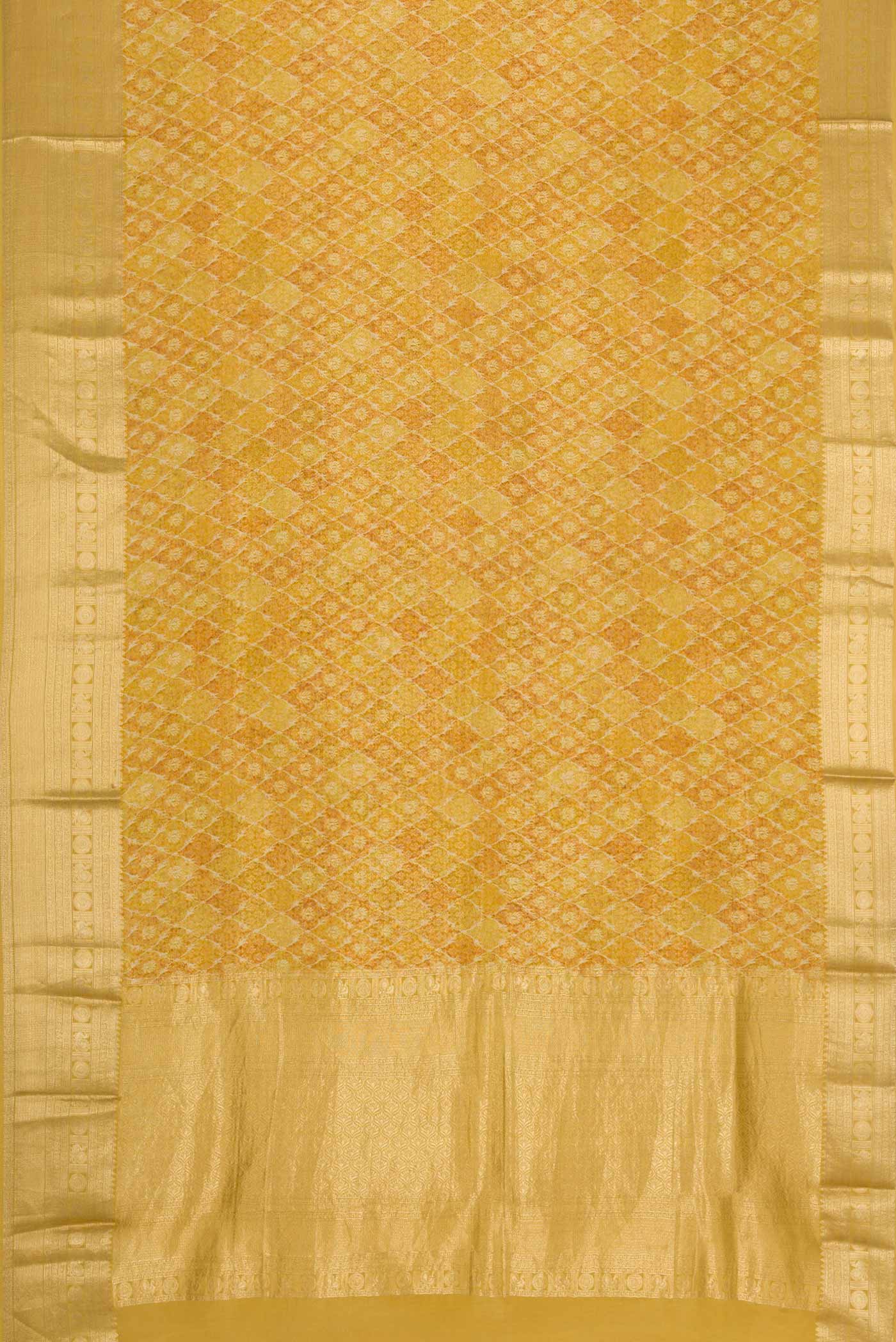 Flat view of Mehandi Green Dual Tone Mysore Crepe Saree with Printed design on the body and Zari Border. 