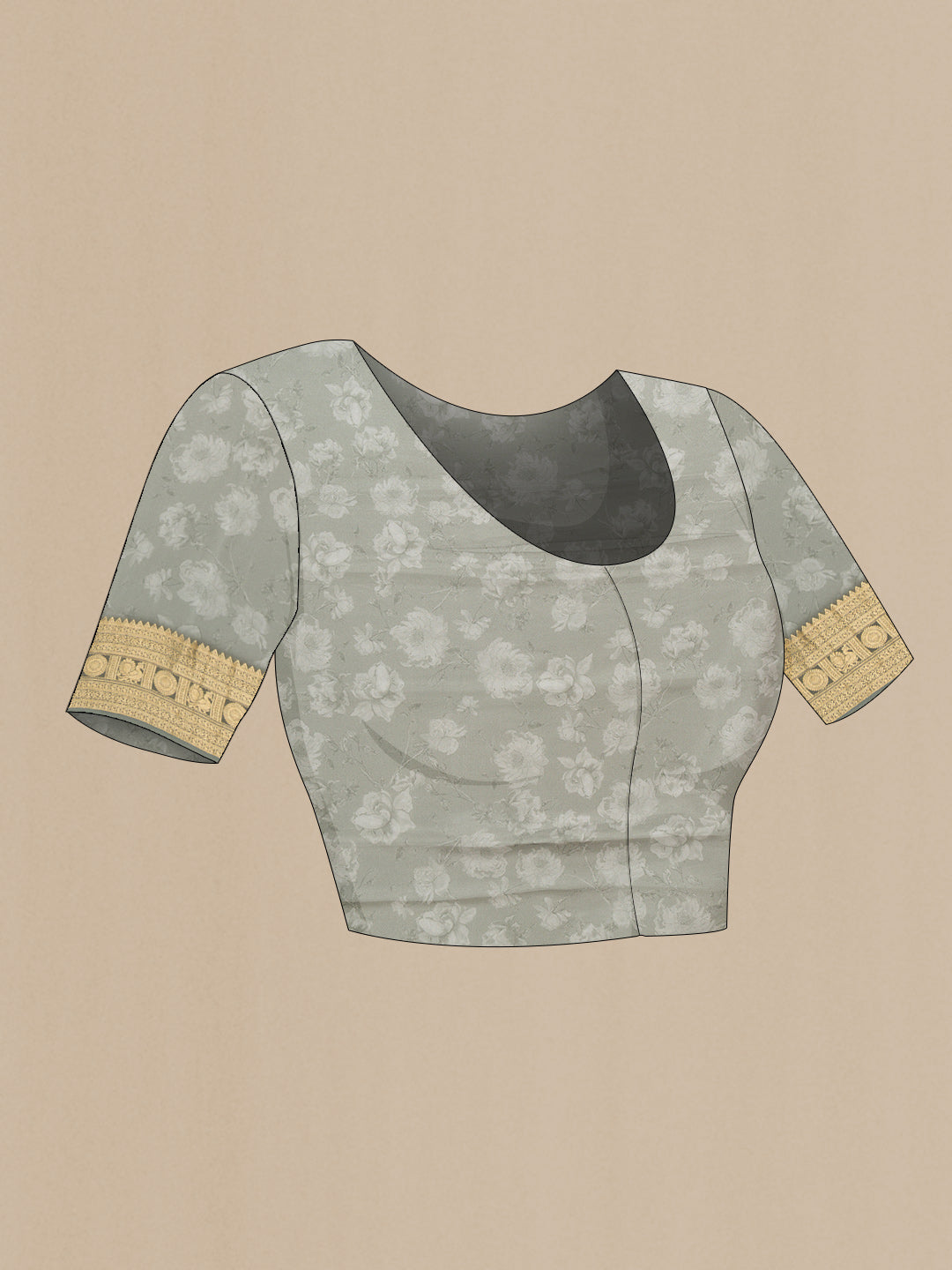 Close up image of the blouse of Grey Dual Tone Mysore Georgette Saree with Zari Brocade on the body and Zari Border. 