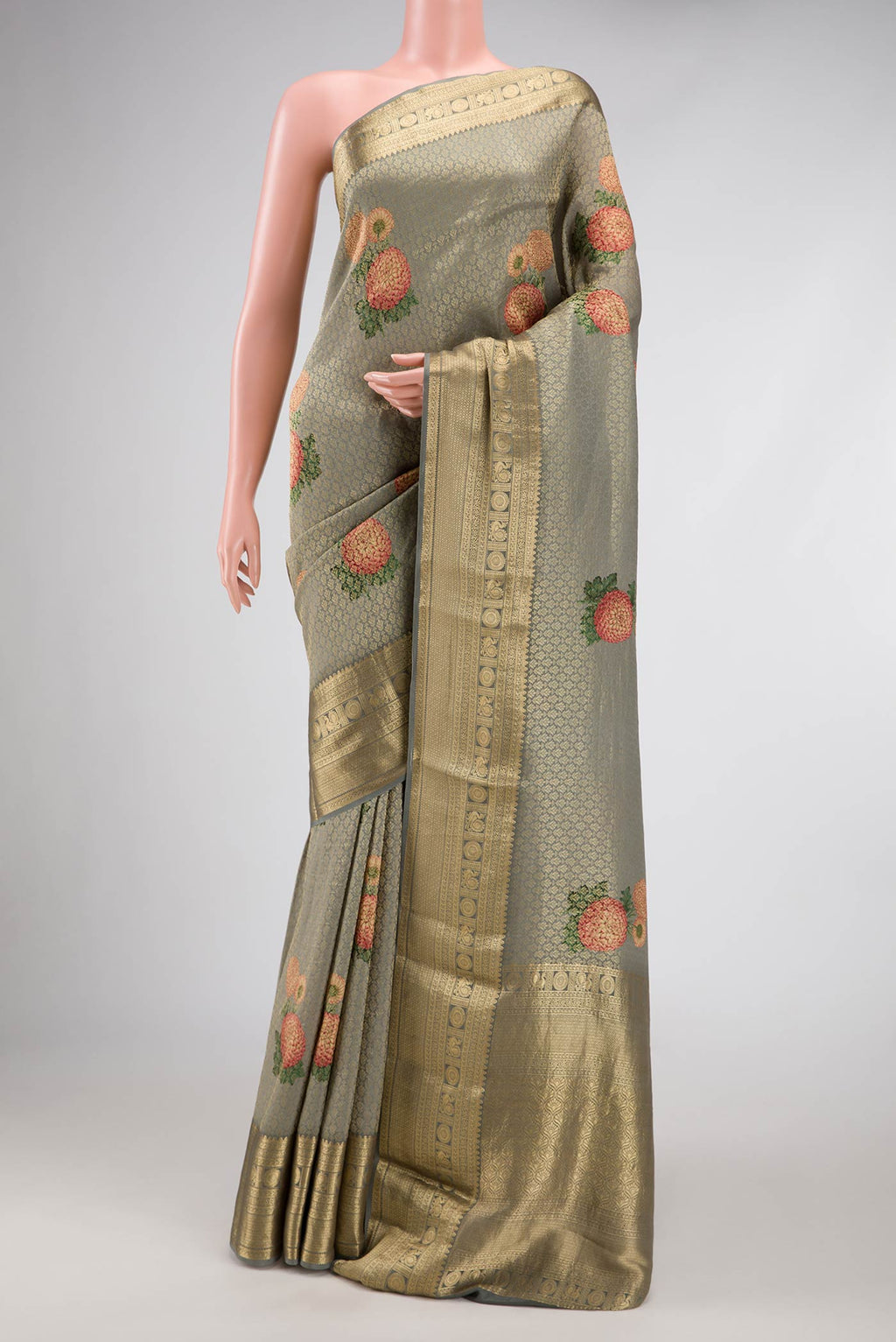 Grey Dual Tone Mysore Georgette Saree with Zari Brocade on the body and Zari Border.  displayed on a mannequin