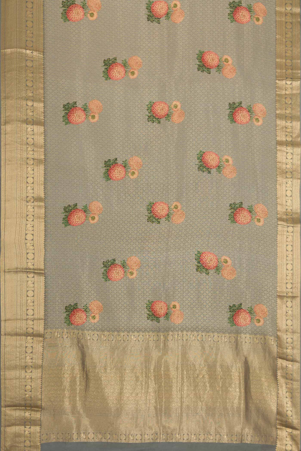 Flat view of Grey Dual Tone Mysore Georgette Saree with Zari Brocade on the body and Zari Border. 