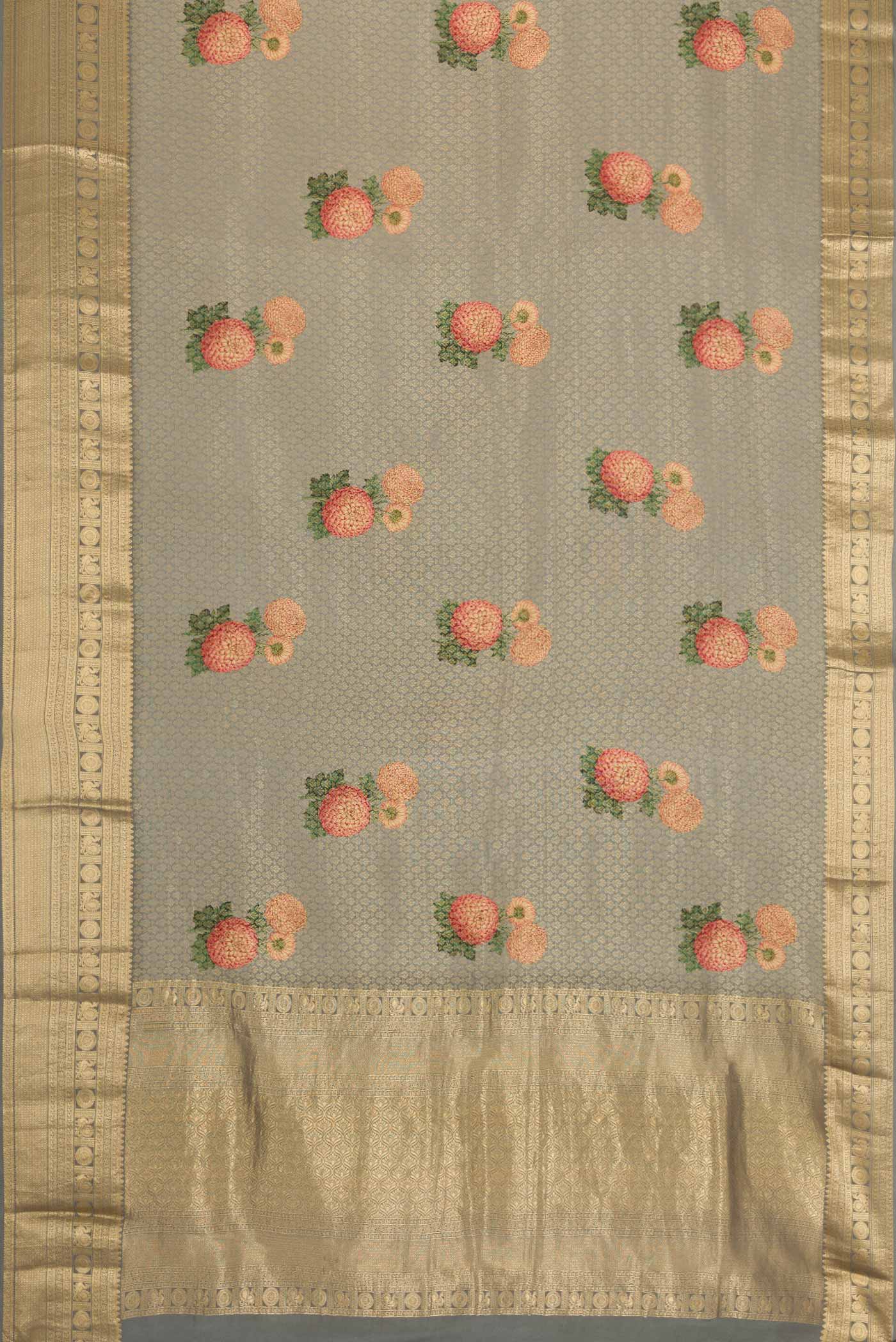 Flat view of Grey Dual Tone Mysore Georgette Saree with Zari Brocade on the body and Zari Border. 