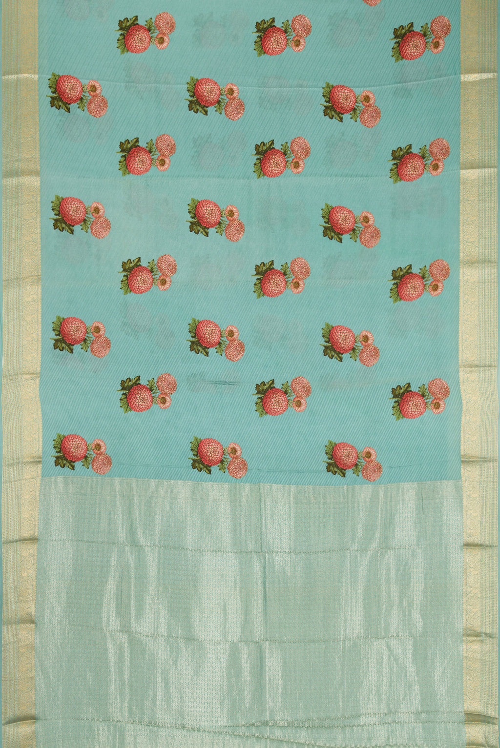 Flat view of Light Blue Dual Tone Tussar Silk Saree with Printed design on the body and Zari Border. 