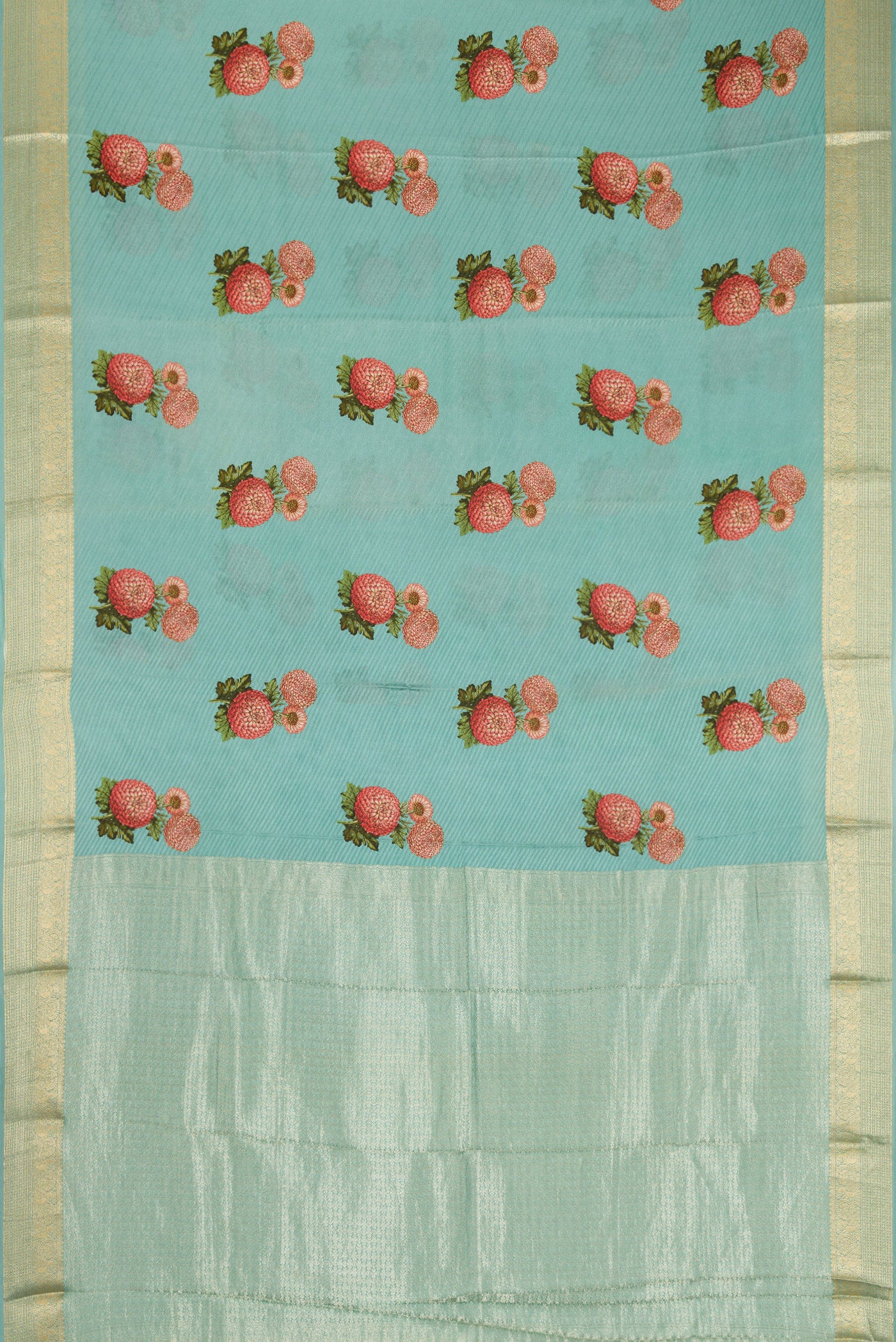 Flat view of Light Blue Dual Tone Tussar Silk Saree with Printed design on the body and Zari Border. 