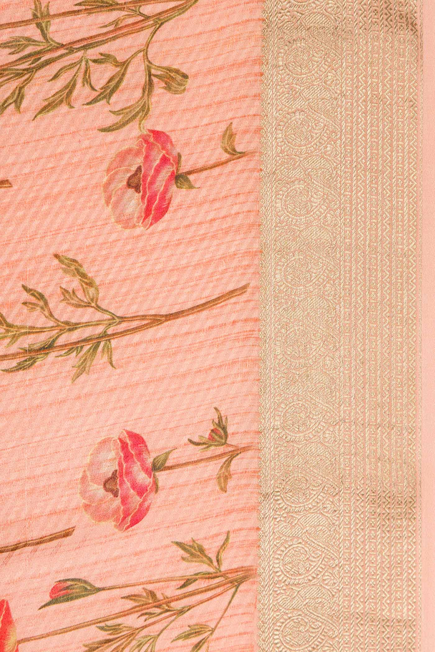 Border image of Golden Peach Dual Tone Mysore Crepe Saree with Printed design on the body and Zari Border. 