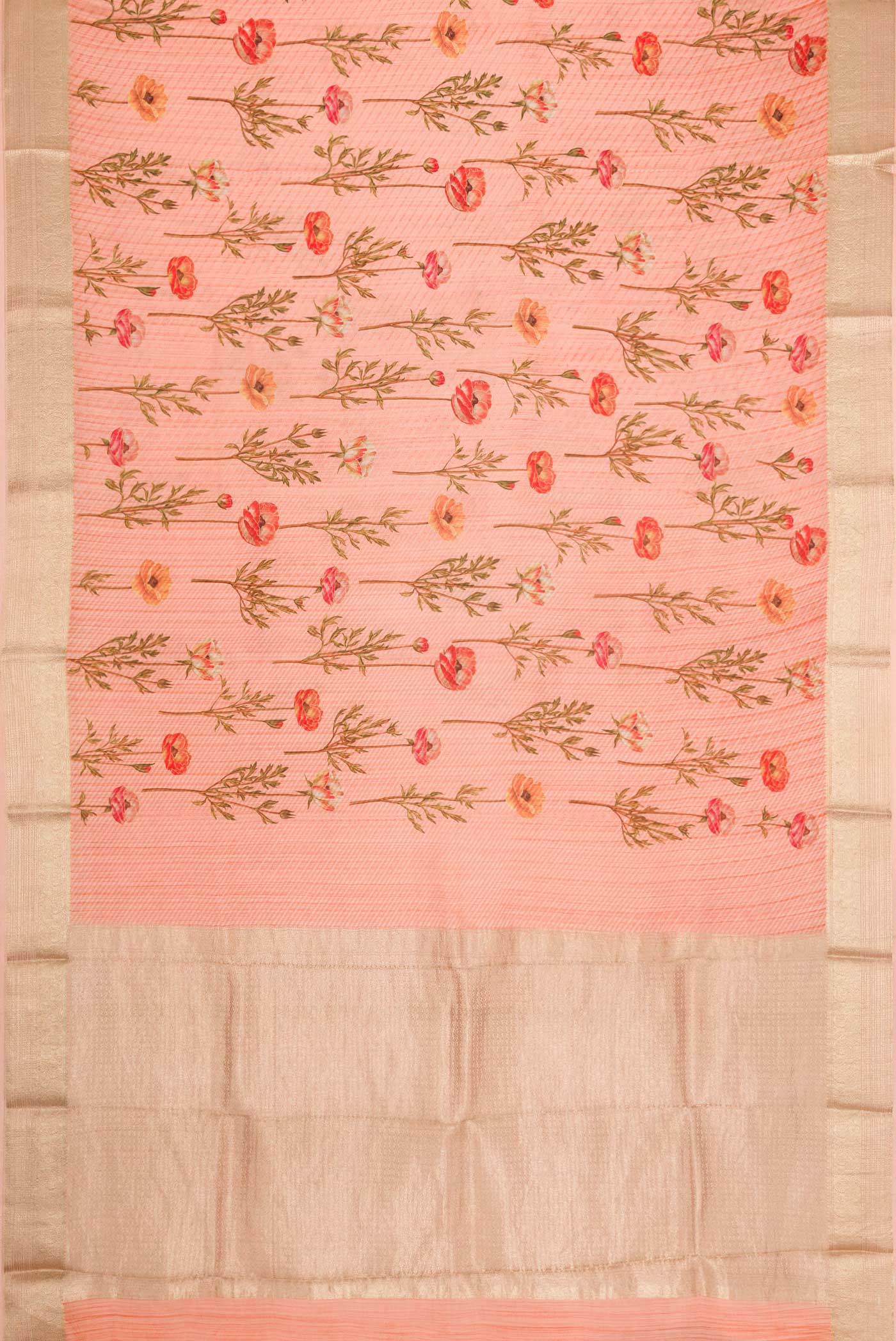 Flat view of Golden Peach Dual Tone Mysore Crepe Saree with Printed design on the body and Zari Border. 