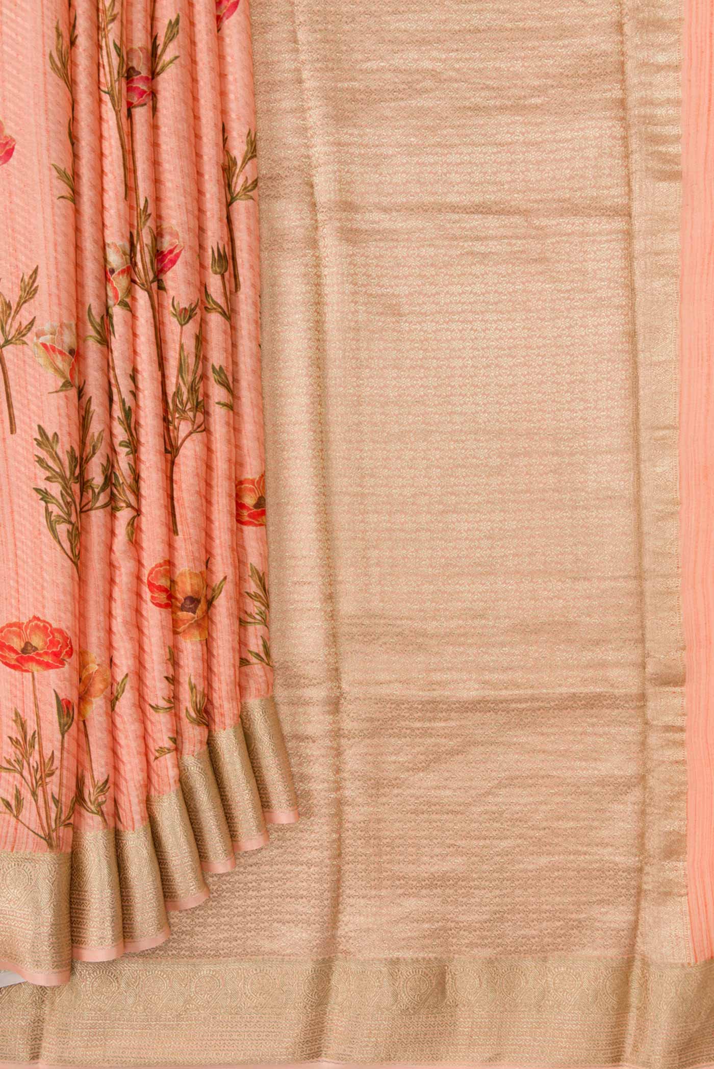 Pleats and pallu of Golden Peach Dual Tone Mysore Crepe Saree with Printed design on the body and Zari Border. 