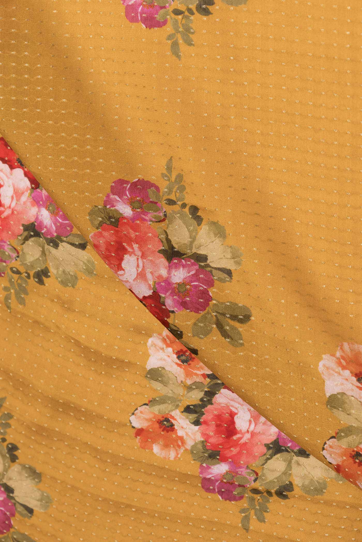 Close up of Mustard Mysore Crepe Saree with Zari Butta on the body and Zari Border displaying folds