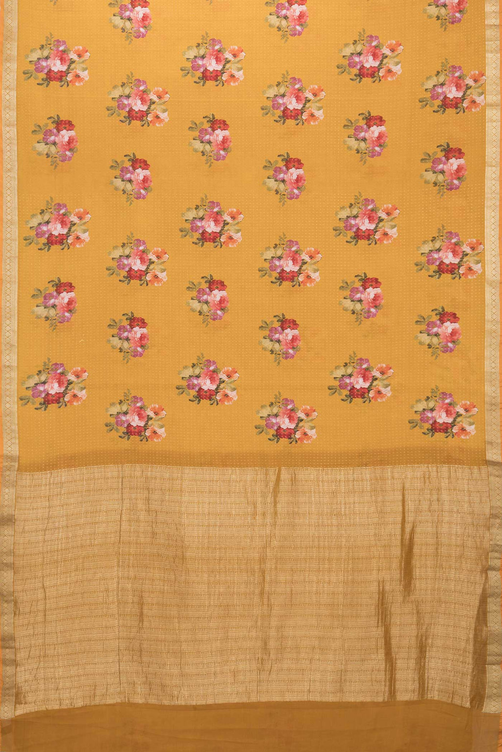 Flat view of Mustard Mysore Crepe Saree with Zari Butta on the body and Zari Border