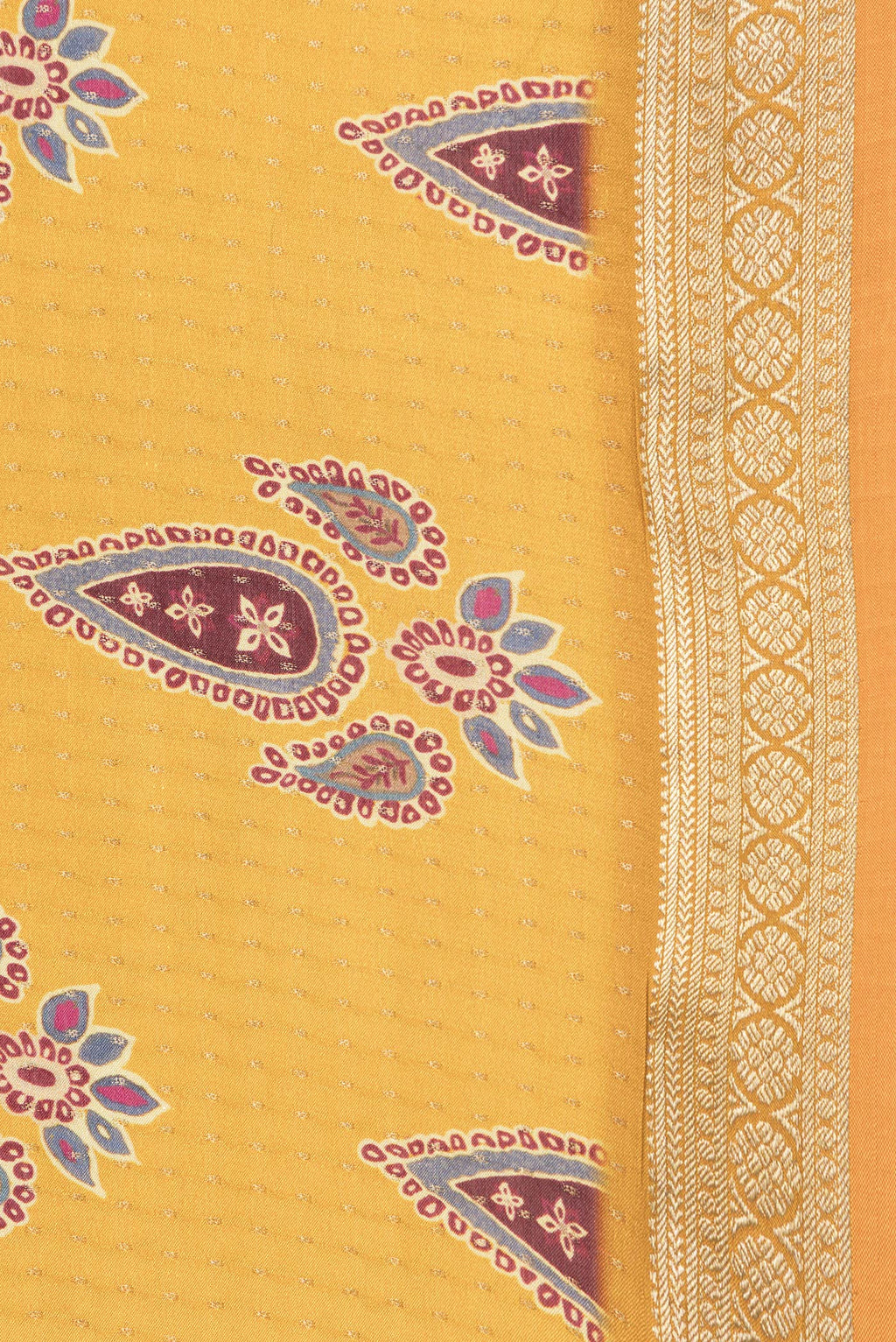 Border image of Mustard Dual Tone Mysore Crepe Saree with Printed design on the body and Zari Border. 