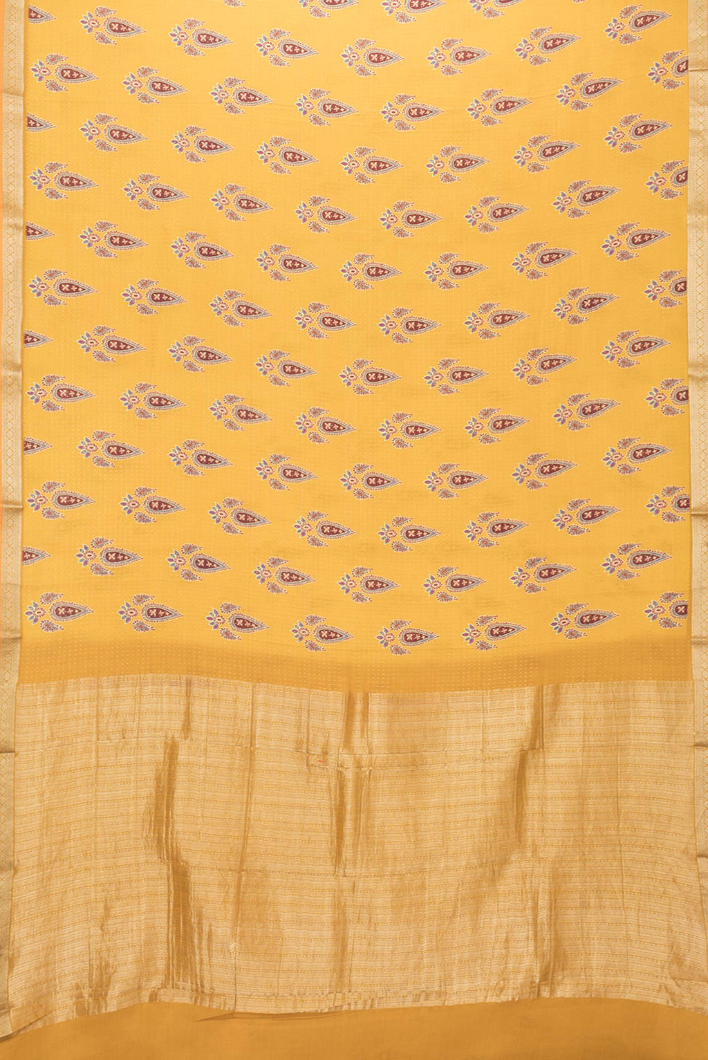 Flat view of Mustard Dual Tone Mysore Crepe Saree with Printed design on the body and Zari Border. 