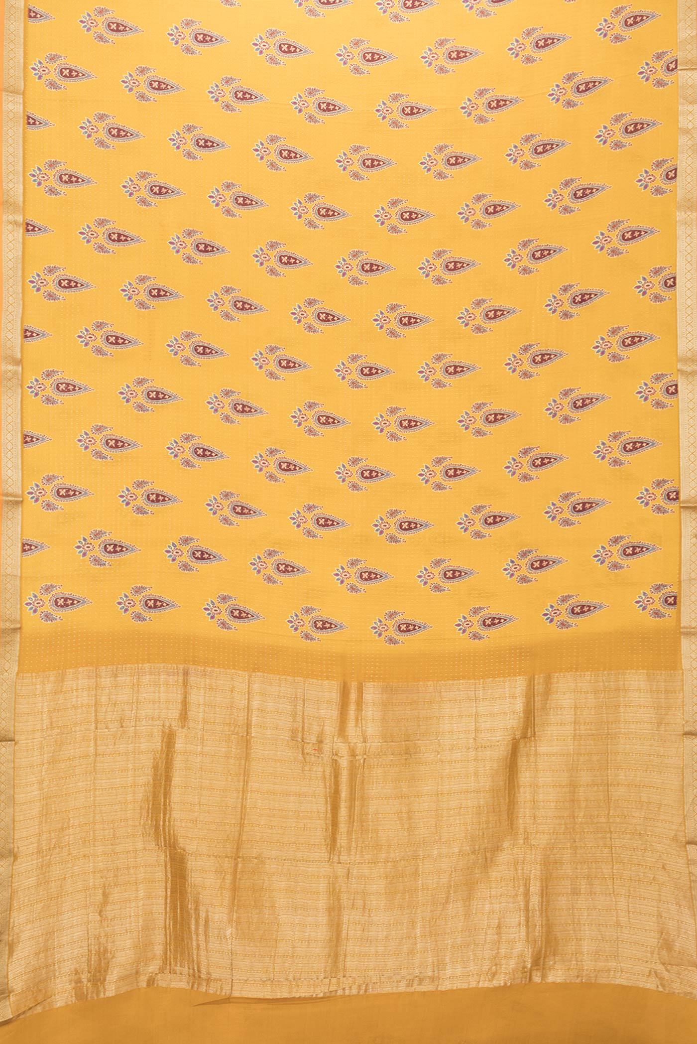 Flat view of Mustard Dual Tone Mysore Crepe Saree with Printed design on the body and Zari Border. 