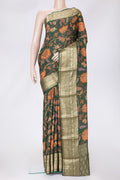 Bottle Green Dual Tone Mysore Crepe Saree with Printed design on the body and Zari Border.  displayed on a mannequin