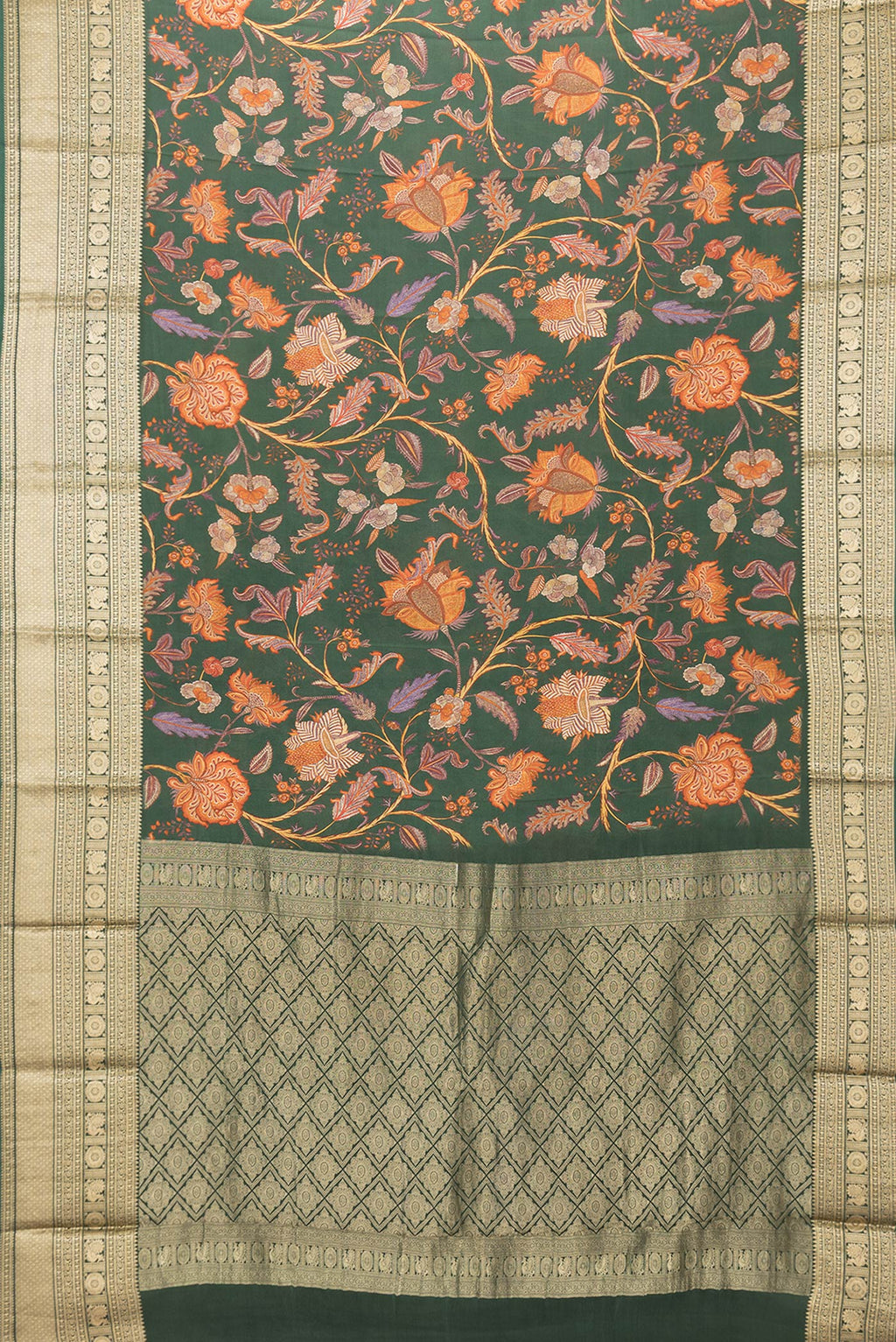 Flat view of Bottle Green Dual Tone Mysore Crepe Saree with Printed design on the body and Zari Border. 