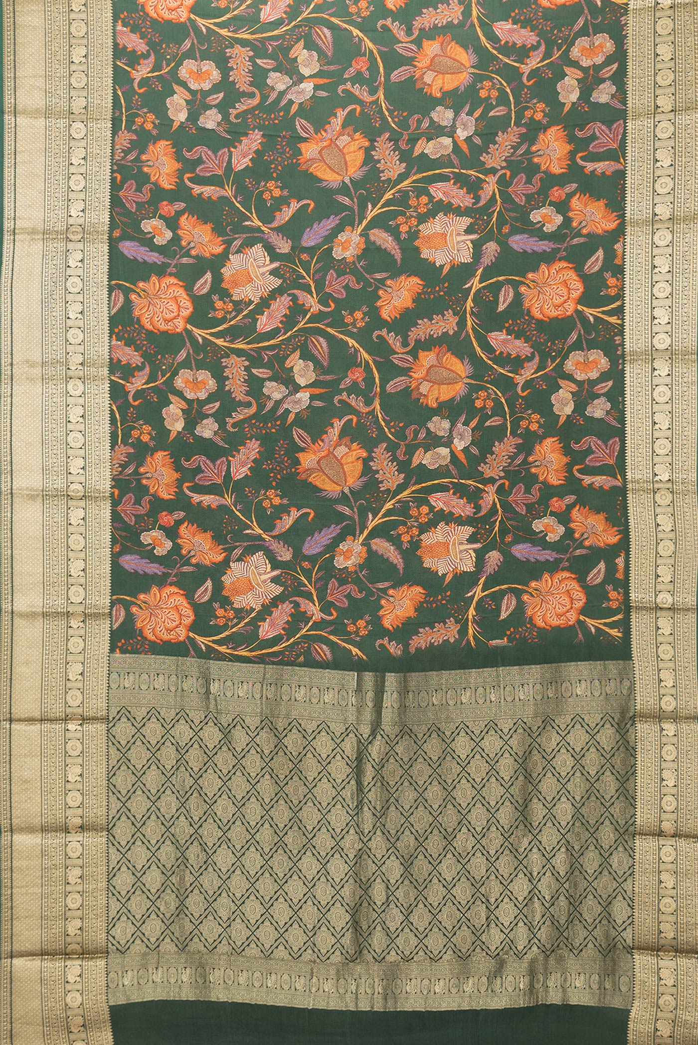 Flat view of Bottle Green Dual Tone Mysore Crepe Saree with Printed design on the body and Zari Border. 
