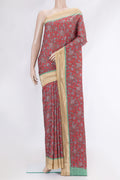 Pink Dual Tone Mysore Crepe Saree with Printed design on the body and Zari Border.  displayed on a mannequin
