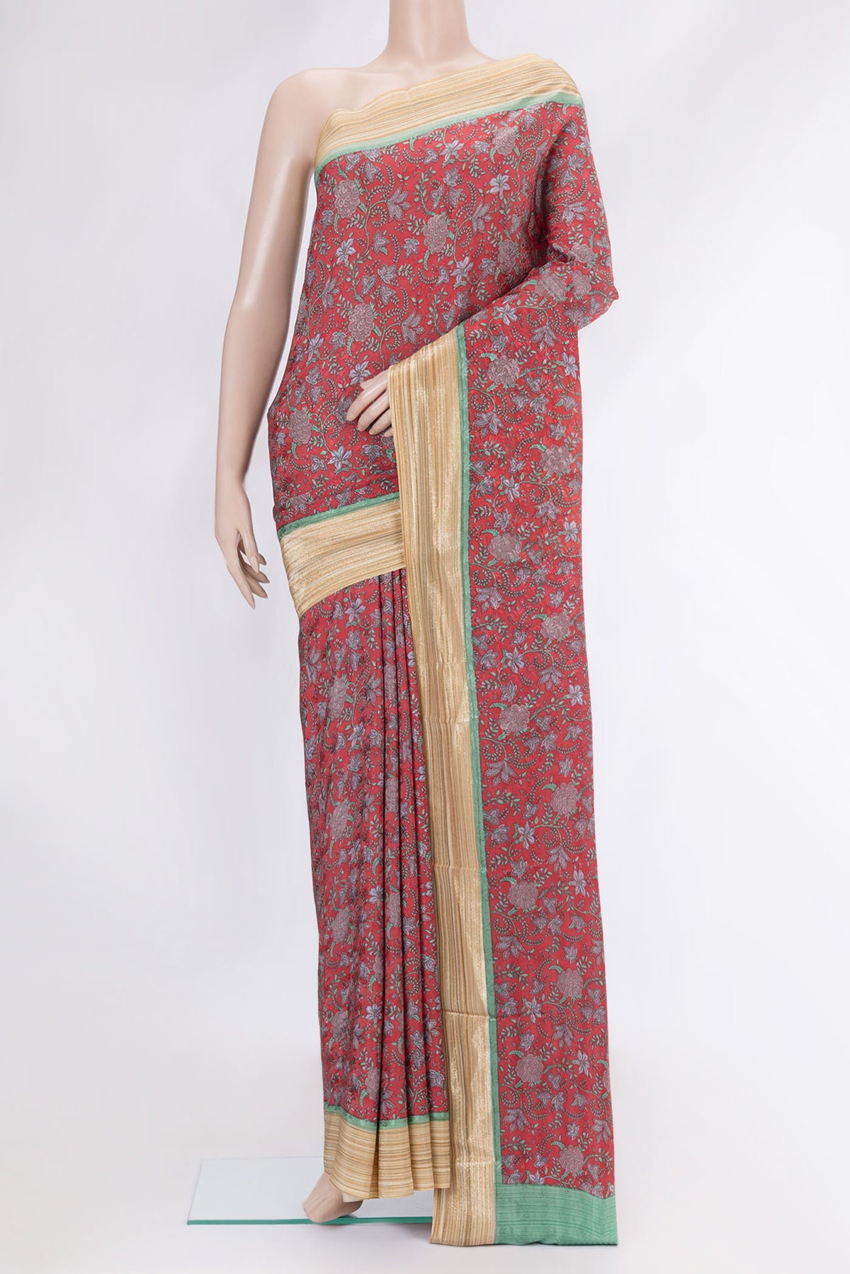 Pink Dual Tone Mysore Crepe Saree with Printed design on the body and Zari Border.  displayed on a mannequin