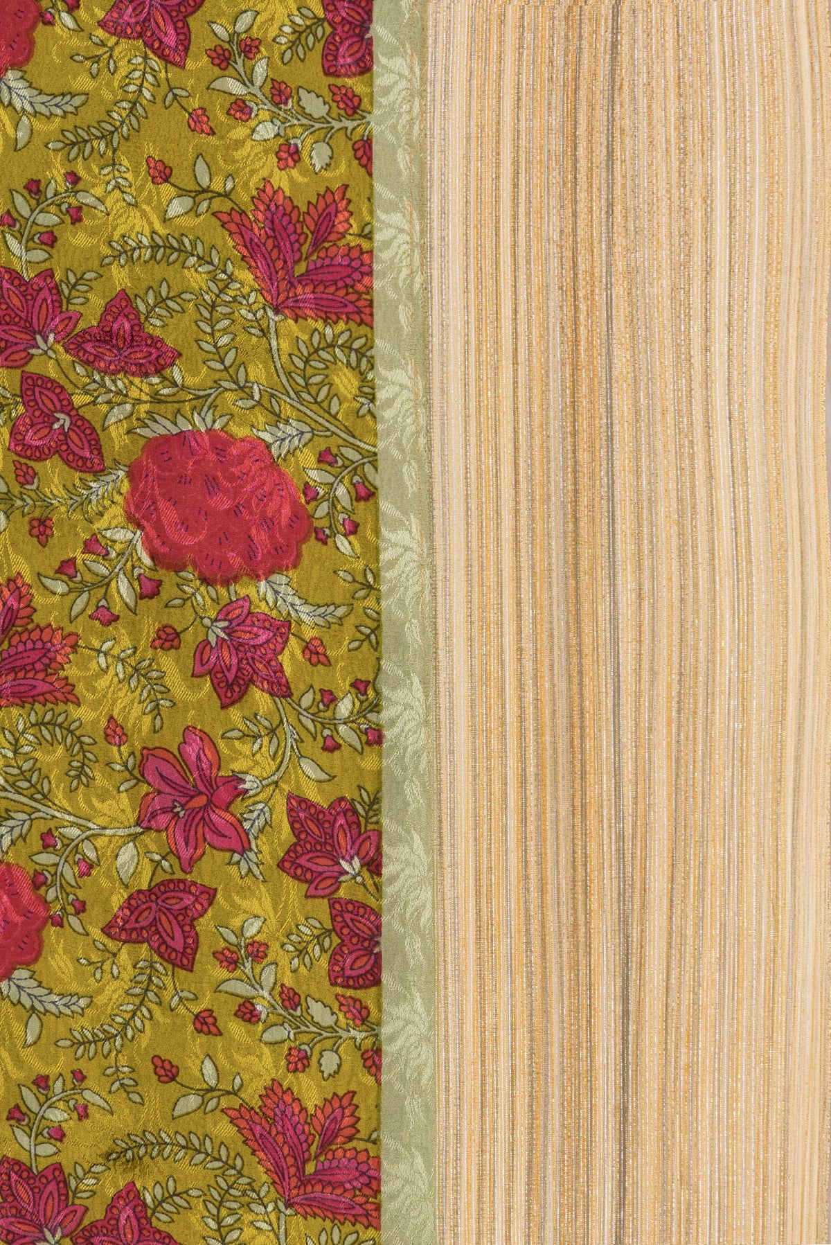 Border image of Mustard Dual Tone Mysore Crepe Saree with Printed design on the body and Zari Border. 