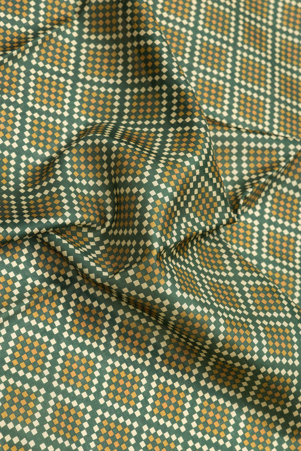 Close up of Green Dual Tone Printed Silk Saree with Printed design on the body and Plain Border.  displaying folds