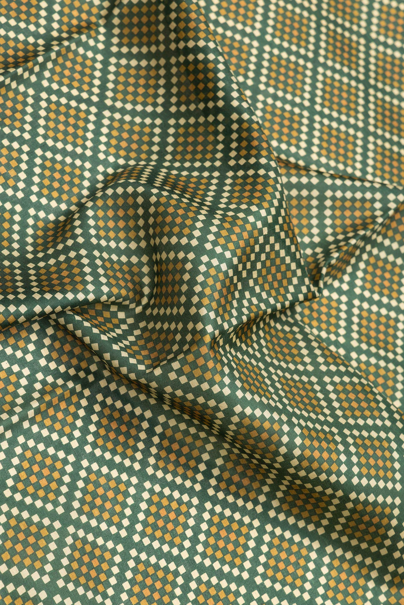 Close up of Green Dual Tone Printed Silk Saree with Printed design on the body and Plain Border.  displaying folds