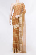 Mustard Dual Tone Mysore Chiffon Saree with Printed design on the body and Zari Border displayed on a mannequin