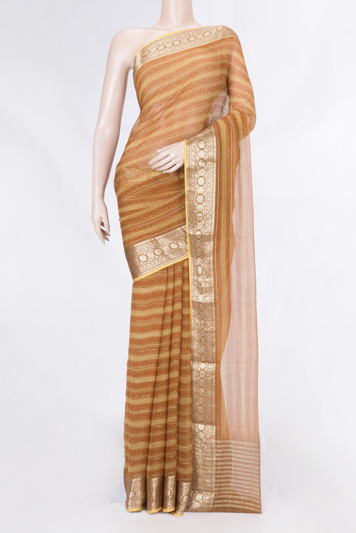 Mustard Dual Tone Mysore Chiffon Saree with Printed design on the body and Zari Border displayed on a mannequin