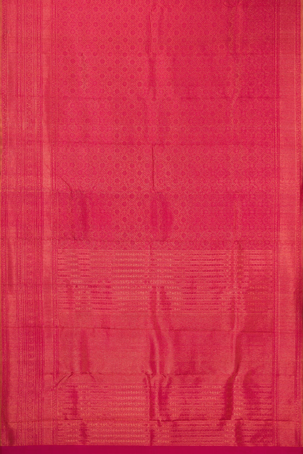 Flat view of Pink Kanchipuram Silk Saree with Zari Brocade on the body and Fancy Border. 