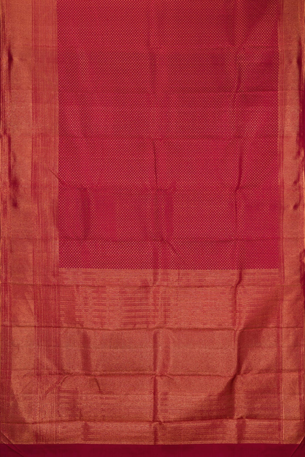 Flat view of Maroon Kanchipuram Silk Saree with Zari Brocade on the body and Fancy Border. 
