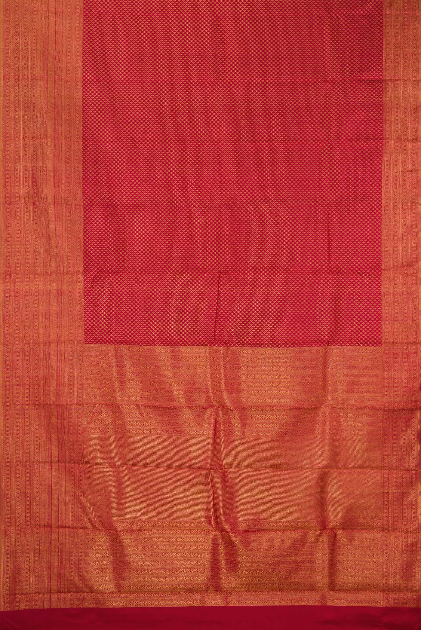Flat view of Red Kanchipuram Silk Saree with Zari Brocade on the body and Fancy Border. 