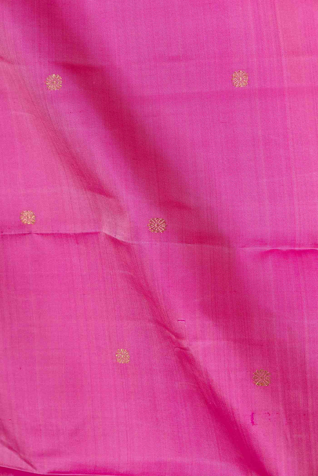 Close up of Pure Silk Pure Zari Pink Dual Tone Kanchipuram Saree with Zari Butta on the body and Zari Border displaying folds