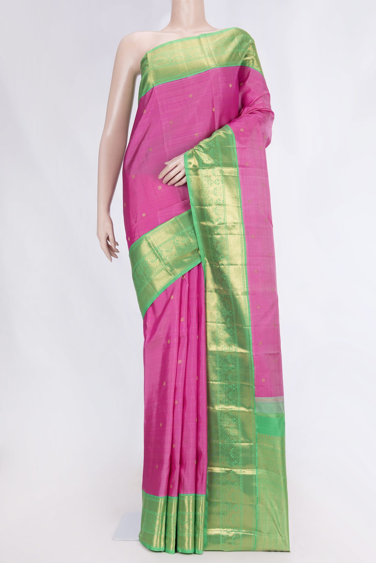 Pure Silk Pure Zari Pink Dual Tone Kanchipuram Saree with Zari Butta on the body and Zari Border displayed on a mannequin